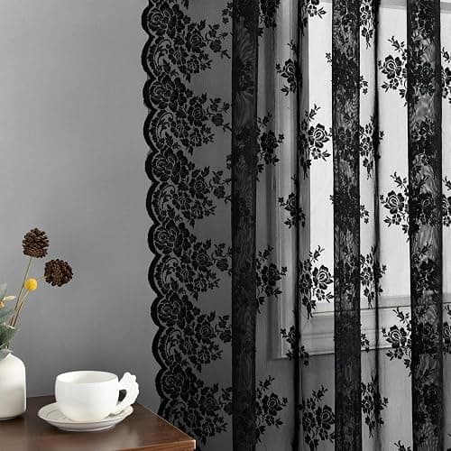 Kotile Short Black Lace Curtains for Small Windows W42 x L36 Inch, 2 Panels | Rod Pocket, Graceful Openwork Detail, Even Window Light, Vintage Gothic Mood, Tailored Short-Window Look, Privacy thumbnail 4