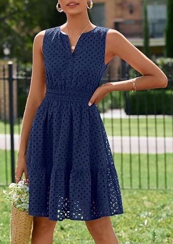 PRETTYGARDEN Women's Summer Eyelet A Line Short Dresses | Sleeveless Sun Dresses, V Neck, Hollow Out, Lightweight Flowy Swing, Fit & Flare, Beach Vacation Outfits, Boho Party Dress thumbnail 5