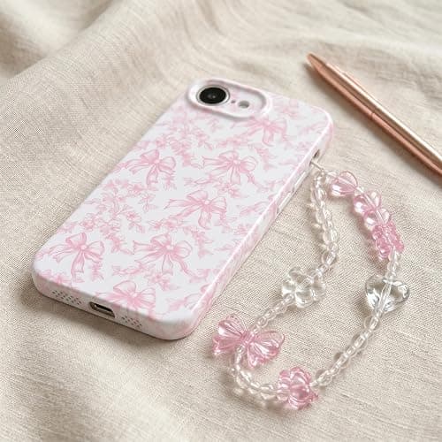 Jzzeuose Phone Case for iPhone 17e/16e with Beaded Wristlet, Pink Bow Floral Cute Soft TPU Protective Case for Women Girls, Anti-Scratch Shockproof Slim Cover thumbnail 5
