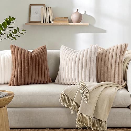 Simmore Faux Fur Striped Beige Throw Pillow Covers 20x20 Set of 2 | Fall Soft Plush Decorative Ribbed Cozy Modern Farmhouse Pillow Covers Velvet Back for Couch Sofa Bed Living Room thumbnail 2