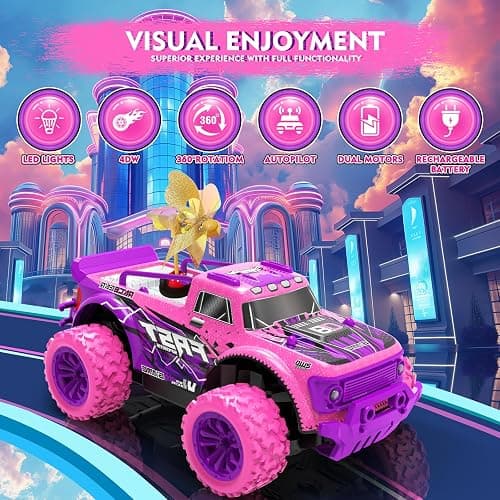 iDrone Remote Control Car for Girls: 1:20 Scale Pink Purple Rc Truck with LED Light and DIY Windmills - 20Km/h All Terrain Fast RC Cars, 2.4GHz Monster Truck Toys for Kids Gift thumbnail 4