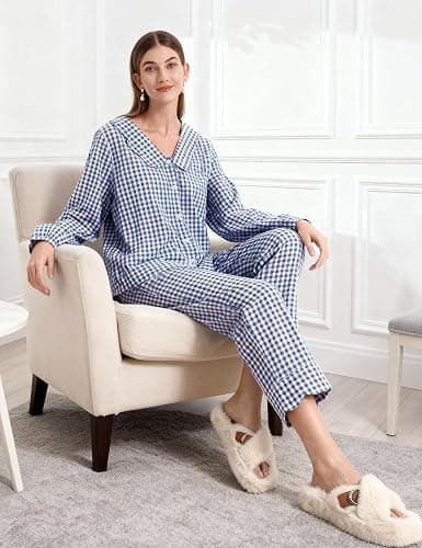 PEHMEA Women's Plaid Pajamas Set 2 Piece Cotton Gingham Sleepwear Puff Sleeve Scalloped Babydoll Shirt Lounge Pj Sets thumbnail 3