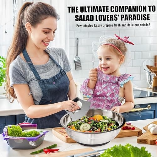 ZMCYNG Salad Chopper Bowl - Stainless Steel Salad Chopping Bowl, Salad Chopper Bowl and Cutter with Lid, Chef Grade Salad Chopper Blade and Bowl, Mezzaluna Mincing Knife, Super-fast Salad Prep thumbnail 2