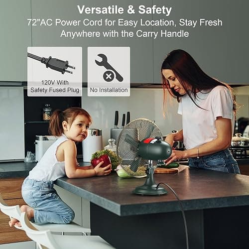 AMACOOL Oscillating Vintage Fan, All Metal 8" Retro Table Top Fan, Adjustable Head Tilt, Quiet 3 Speeds Plug-In Desk Fan for Bedroom Home Office & Kitchen thumbnail 6