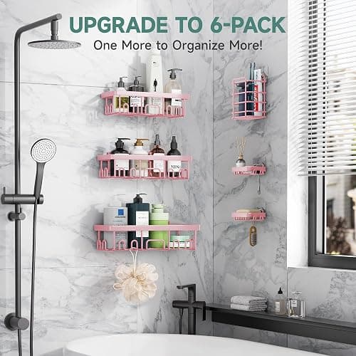 Veken Large Capacity Shower Caddy 6-Pack, No Drilling & Rustproof, Adhesive Shower Shelves with Soap Holder, Bathroom Organizers and Storage, Wall-Mounted Kitchen & Home Decor, Pink thumbnail 7