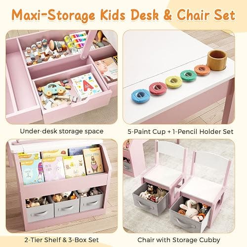 5-in-1 Kids Art Table and Chairs, Wood Toddler Table and Chair Set with Storage Drawers, Craft Play Desk for Kids, Convertible Art Easel with Paper Roll Holder, Children Activity Learning Center-Pink thumbnail 6