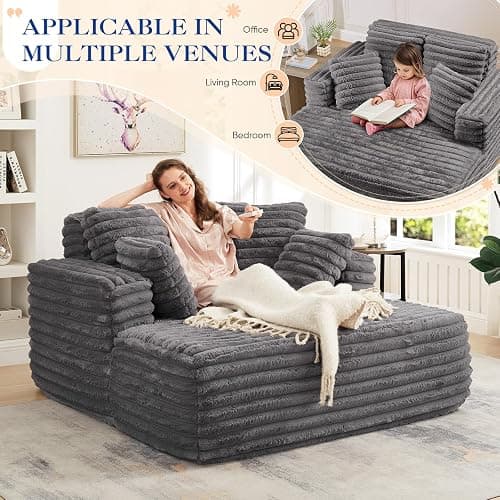 Oversized Chaise Lounge Indoor, Modern Plush Faux Fur Fabric Deep Seat Boneless Memory Foam Sleeper Chaise Lounge Sofa Chair with Pillows for Living Room Bedroom Studio, No Assembly Couch, Grey thumbnail 7