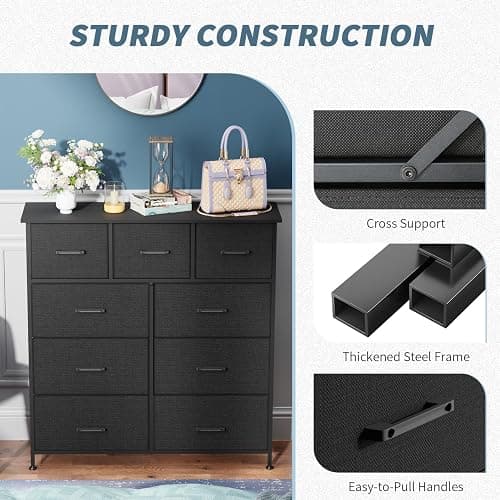 PayLessHere Fabric Dresser,Wide Chest of Drawers Storage Unit with Metal Frame and Wood Top,Organizer for Bedroom,Living Room,Entryway (9-Drawer, Black) thumbnail 6