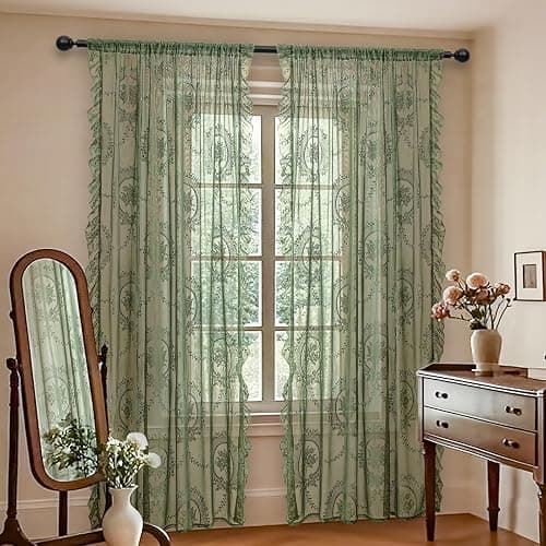 LOHUT Sage Green Lace Curtains Set of 2, Sheer Floral Panels 63 Inch Length, Vintage Boho Window Treatment with Ruffled Edge for Bedroom Living Room, Rod Pocket, W52 x L63 thumbnail 2