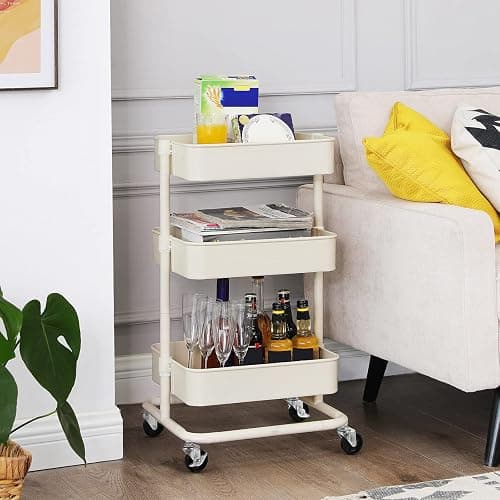 SONGMICS Chariot à 3 niveaux, Desserte, Étagère de rangement mobile, tablette réglable en hauteur, avec 2 freins, montage facile, pour salle de bain, cuisine, bureau, Blanc BSC60WT thumbnail 2