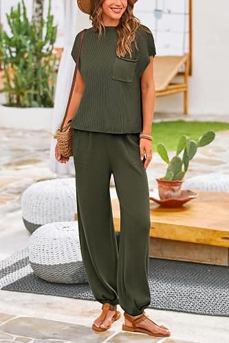 PRETTYGARDEN 2 Piece Outfits for Women Summer 2026 Knit Vest Tops Sweatpants Spring Beach Vacation Travel Sweater Lounge Set thumbnail 7