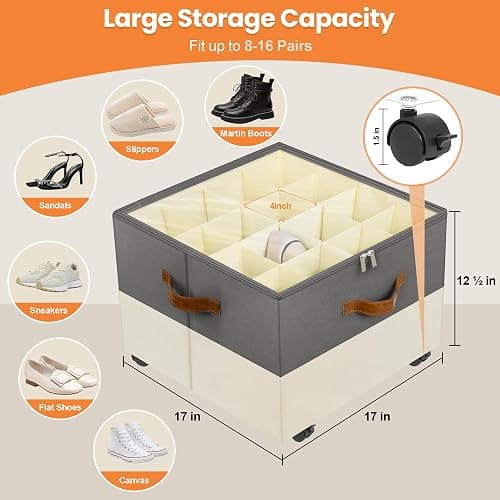 Foyego 2 Pack Shoe Organizer for Closet, with Wheels, Beige and Grey | Fits 32 Pairs, with Adjustable Dividers and Clear Cover, Saving Space Foldable Fabric Closet Shoe Storage Organizer Box Bins thumbnail 3