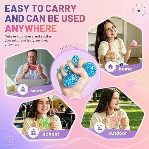 NODUJX DIY Stress Ball Making Kit, Create ASMR Anxiety Relief Toys | 15 TPR Ball Covers, 20 Fillers, 14.4 Oz Slime, 6.7 Oz Clay, Make Handmade Squishy Stress Balls of Self-Care Gift for Women thumbnail 7