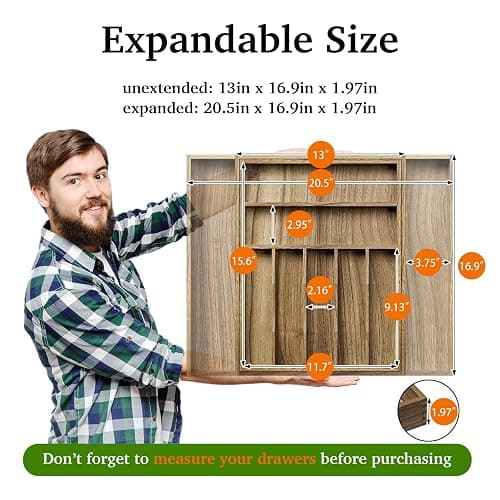 Kiasthome Acacia Wood Kitchen Silverware Drawer Organizer, Expandable Utensil Cutlery Drawer Organizer with Dividers, Flatware Organizer Silverware Tray for Spoon, Fork, 13''-20''x16.9'' (7-9 Slots) thumbnail 2