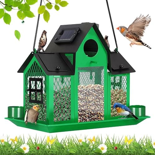 YYWMWM Solar Bird Feeders House for Outside Hanging, Metal Wild Bird Feeder for Outdoors, Large Cardinal Bird Feeder Birdhouses Green - Image 1