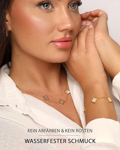 DIAMOND MODE Kleeblatt Armband Damen Gold – Schmuck 18K vergoldet, Clover Perlmutt, Chirurgenstahl 316L, wasserfest, verstellbar 16–20 cm – Geschenk thumbnail 2