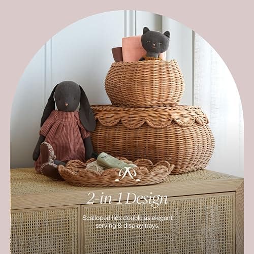 BEBE BASK The Original Scalloped Basket Set Of 2 - Small Scallop Basket - 15 x 10 x 6 In - Hand-Woven & Award-Winning - Elegant Wicker With Scalloped Edge Lid - Nursery Storage - (Mocca) thumbnail 9