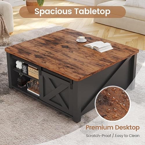 SEDETA 31.5" Lift Top Coffee Table with Storage, Square Coffee Tables for Living Room, Farmhouse Coffee Table with Large Hidden Storage Compartment and Adjustable Shelves, Black thumbnail 5