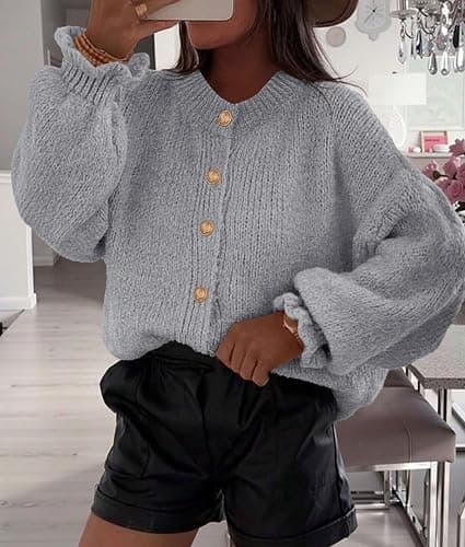 PRETTYGARDEN Womens Cropped Cardigans Trendy 2025 Ruffle Open Front Chunky Knit Sweater Oversized Button Down Fall Clothes thumbnail 2