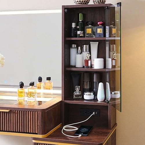T4TREAM Fluted Makeup Vanity Desk with 36" HD Lighted Mirror, 48" Big Modern Vanity Desk with Mirror and Lights, Dressing Table with 5 Drawers & Shelves, Glass Top for Bedroom, Dark Walnut thumbnail 7