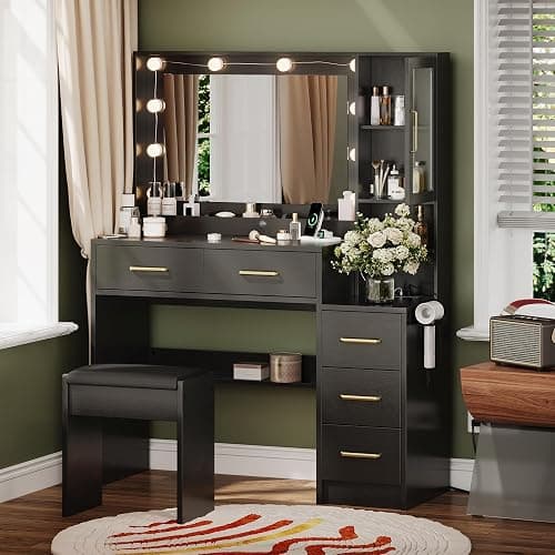 TOKSOM Makeup Vanity with Lights & Charging Station, Black Vanity Table with 5 Drawers & Open Storage Shelves, Bedroom Makeup Dressing Table Set for Women Girls Golden Handles thumbnail 8