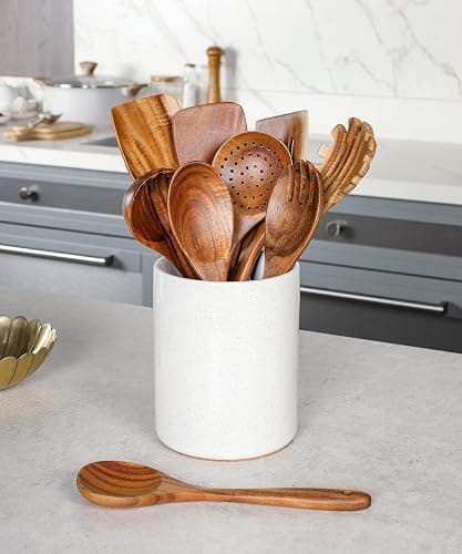Nucookery Wooden Cooking Utensils Set with Holder, Teak Wood Utensils, Ceramic Holder for Countertop with Protection Cork Bottom, Nonstick Spoons, Cooking Spatula Set, 10 Pcs Kitchen Decor, (Sand) - Wood 10pcs - Sand (wood ) thumbnail 2