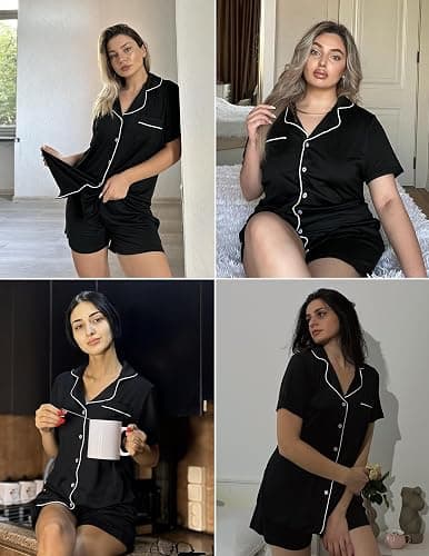 Ekouaer Pajamas Set for Women Short Sleeve Sleepwear Button Down Pj XS-XXXL | Summer 2 Piece Lounge Set, Soft Fabric, Drawstring Waistband, for Bridesmaid Bride Party, Plus Size, Petite, Cute Pattern thumbnail 5