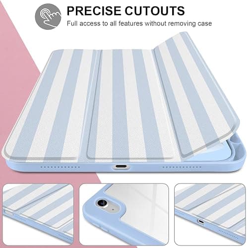 Loyrina Case for iPad Air 11 inch M3 2025 M2 2024 Release with Pencil Holder - Cute Preppy Coastal Design Aesthetic Blue White Striped Trifold Cover with Soft TPU Bumper, Clear Back, Auto Sleep/Wake thumbnail 6