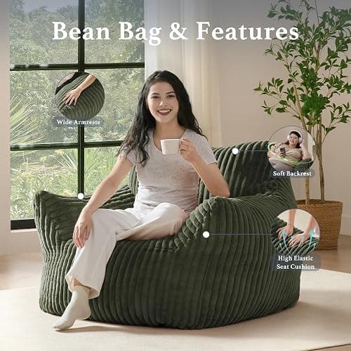 Gericco Giant Plush Bean Bag Chair for Adults with Armrests - Oversized Comfy Green Beanbag Lounge Lazy Floor Sofa Accent Chair for Living Room, Bedroom & Dorm, Cozy Fluffy Single Cloud Mini Couch thumbnail 4
