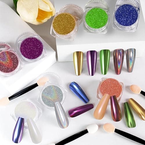 SIUSIO 16 Jars Chrome Nail Powder Nail Art Glitter Decoration Metallic Mirror Effect Holographic Aurora Chameleon Pigment Powder Kit 0.35g/Jar Pearl for Resin Craft & Nail Art thumbnail 2