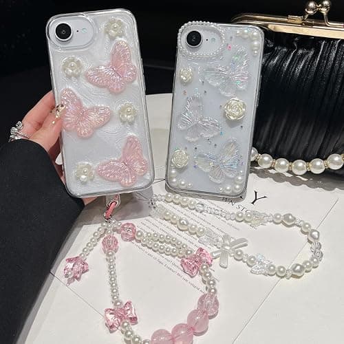 Changjia for iPhone 17e/16e Glitter Butterfly Case,Cute Girly 3D Flower Floral Crystal Pearl Bling Sparkle with Wrist Strap Chain Soft TPU Aesthetic Women Girls Phone Case for iPhone 17e/16e 6.1",Pink thumbnail 6