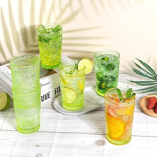 megarte Vintage Drinking Glasses Set - 12 Oz Romantic Embossed Glassware - Premium Glass Cocktail Cups for Water Juice Tea Beverage - Set of 6 - Green - Green - 6Pcs thumbnail 4