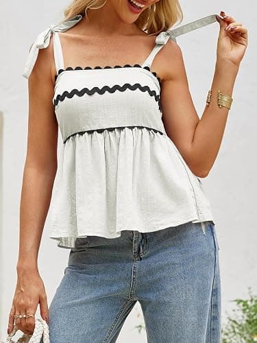 Tankaneo Womens Babydoll Tops Summer Tie Strap Peplum Tops Cute Tank Tops | Casual, Square Neck, Flowy Hem, Backless Top, Vacation Outfits thumbnail 2