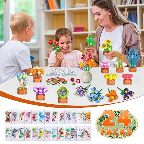 24 Pack Flowers Party Favors for Kids Building Set - 827PCS Succulents 3.6MM Mini Building Blocks Toy for Easter Basket Stuffers, Classroom Prizes, Mother's Day Birthday Gift for Girl Boy Ages 6+ thumbnail 3