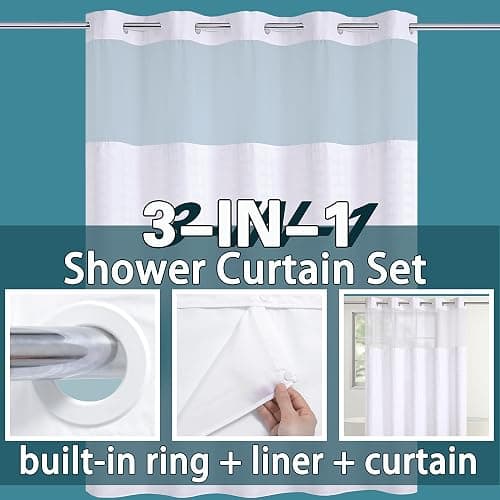 Conbo Mio No Hook Shower Curtain with Snap in Liner Set, Hotel Luxury White Shower Curtains for Bathroom with See Through Top Window, Waterproof, Washable 71W x 74H thumbnail 4
