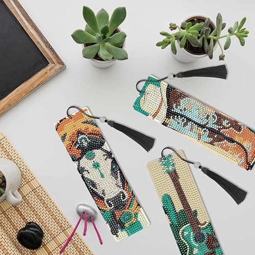 INCOK Western Diamond Art Bookmarks - 4 Pcs DIY Diamond Painting Bookmarks Kits with Tassel Guitar Cow Shoots Art Craft Birthday Festival Gift for Beginner Reading Lover thumbnail 2