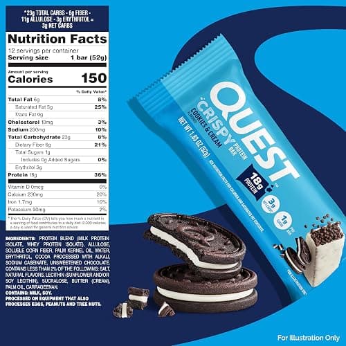 Quest Nutrition Crispy Cookies & Cream Hero Protein Bar, 18g Protein, 1g Sugar, 3g Net Carb, Gluten Free, Protein Snack, Keto Friendly, 12 Count thumbnail 2