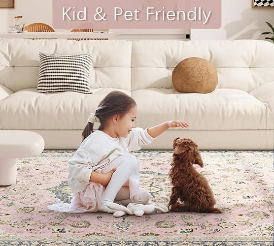 jxgzyy Washable Area Rug 5x7, Non Slip Living Room Rug, Large Low Pile Soft Carpet Pet Friendly Home Decor for Bedroom Dining, Pink thumbnail 6