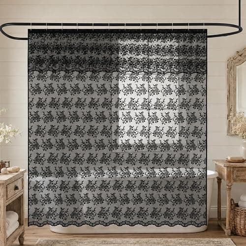 TUDECO Black Lace Shower Curtain with Valance, Gothic Style, 72 x 72 Inch | Halloween Bathroom Curtain, Moody Witchy Victorian Decor, Dark Vintage Floral, Soft Light Filtering, Scalloped Edges thumbnail 8