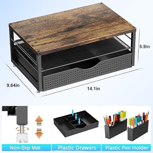 gianotter Wood Monitor Stand Riser, Office Desk Shelf Organizer, Desk Organizer with Drawer and Pen Holder, 2-Tier Computer Stand, Office Organization (Wood) thumbnail 3