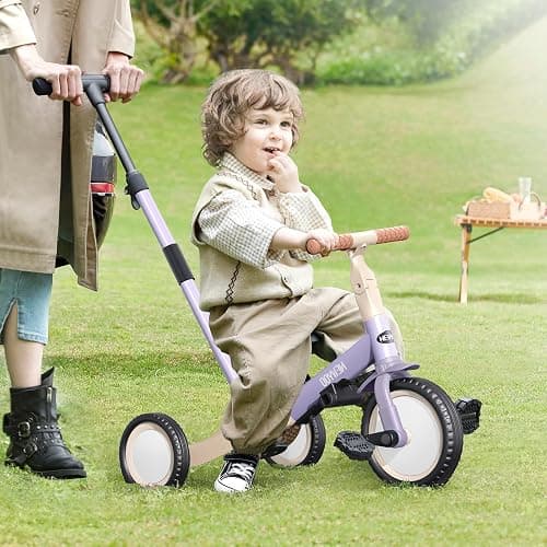 newyoo Toddler Tricycle with Push Handle for 1-3 Year Old, Toddler Bike, Birthday Toy for Boys and Girls, 5 in 1 Kids Trike, Balance Bike with Backrest and Safety Belt, Purple, TR007 | Toddler Trike with Push Handle Lets Parents Steer and Converts to Balance Bike, Fun Outdoor Toy for Boys and Girls, Purple thumbnail 2