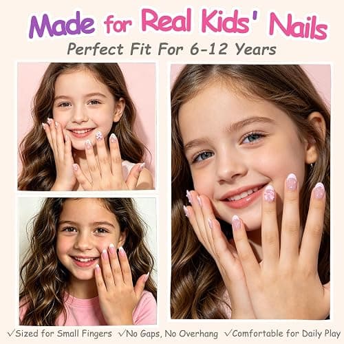 72pcs Press on Nails for Kids, French Tip Nails with Pearls, Bows, Flowers | Kids Press on Nails for 8-12, 12 Size, Non-Toxic, Fashion Nail Kit with Adhesive Tabs, Nail File, for Christmas, Birthday thumbnail 2