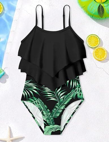 Tomolant Girls Swimsuit Color Block One Piece Swimsuit 2-Tiered Ruffle Bathing Suit Adjustable Strap Girls' Swimwear 7-16Y thumbnail 5