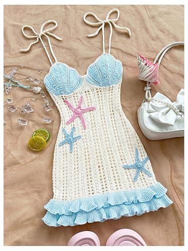 Floerns Women's Starfish Tie Shoulder Sweater Dress Layered Ruffle Beach Mini Dresses thumbnail 5