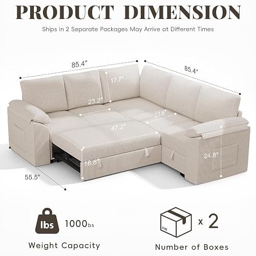 85 Inch Modular Sectional Sofa with Pull Out Couch Bed, L Shaped 5 Seat Sectional Couch with Storage, Corduroy Sectional Couches for Living Room, Cloud Modular Couch, Removable Sofa Cover, Beige thumbnail 3