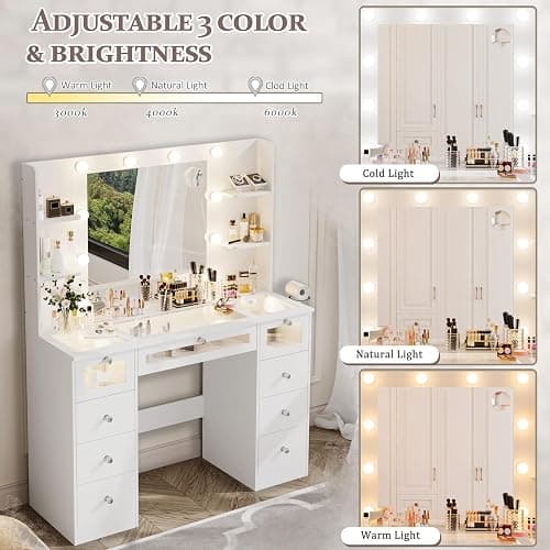 VQRhome White Vanity with Lighted 23.5” Mirror, Glass Top Vanity Desk with 9 Drawers & 3 Color Hollywood Bulbs & 4 Shelves & Acrylic & Power Outlet, Makeup Desk Dressing Table for Bedroom thumbnail 4