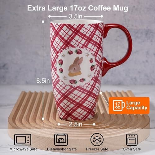 Topadorn Coffee Mug with Gift Box – 17 Oz Ceramic Travel Mug, Cute Bunny Cup with Spill-Proof Lid, Microwave & Dishwasher Safe, Pink Grid Rabbit Design thumbnail 3