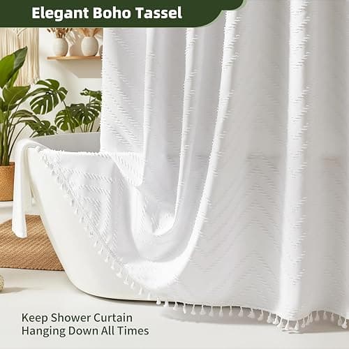 Siiluminisoy White Shower Curtain Fabric Boho Shower Curtain Cloth Textured Tufted Chevron Elegant Shower Curtains Waterproof for Bathroom 72" x 72" thumbnail 5