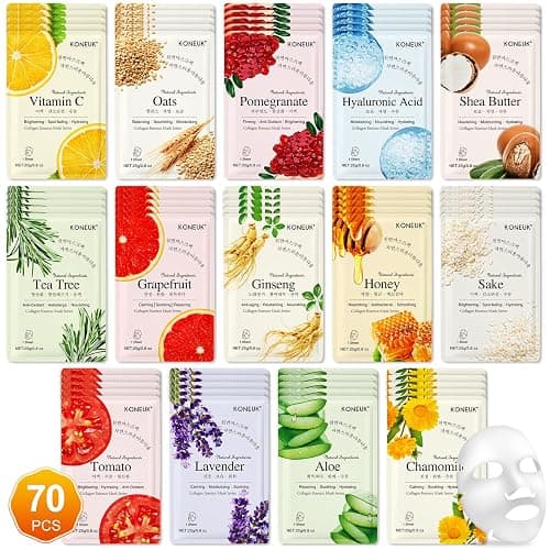 KONEUK 70 Pack Sheet Face Masks Skincare, Hydrating Face Masks Suitable for All Skin Types, Bulk Facial Mask Gifts Set for Women Skin Care, Home Skincare Spa for Sensitive Skin - Image 1