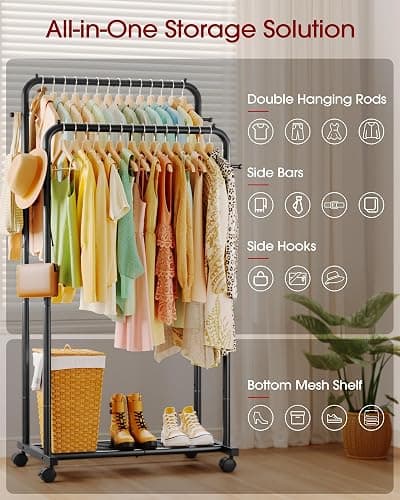 Sakugi Clothes Rack - Double Rods Clothing Rack with Mesh Shelf, Hooks & Wheels, Metal Clothing Racks for Hanging Clothes & Bags, Multifunctional Garment Rack for Laundry, Black, 28.7" x 16.5" x 59.1" thumbnail 6